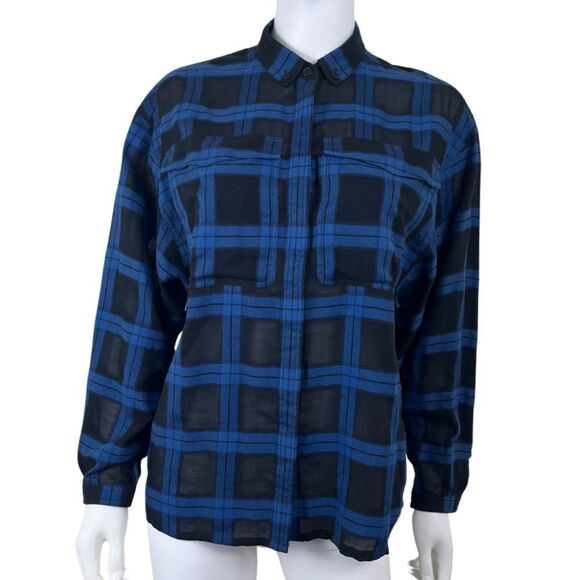 Burberry Brit Womens Size S Blue Black Plaid Cotton Flannel Boxy Blouse NEW Top - Picture 1 of 14